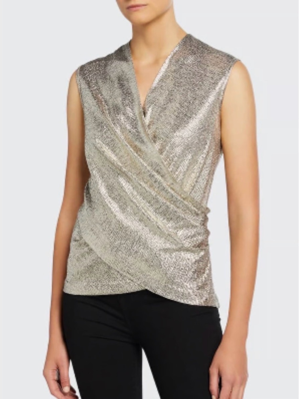 Ramy Brook Rumi Top Metallic Silver Shell Size XS/TP Faux Wrap Sleeveless blouse